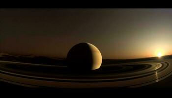 Sun setting over planet illuminates night sky generated by AI photo