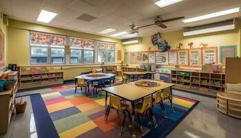 moderno salón de clases con brillante colores y juguetes generado por ai foto