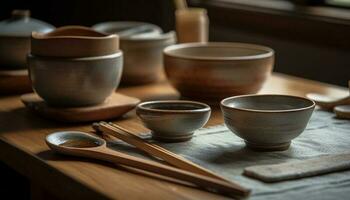 Earthenware pottery bowl with wooden spoon decoration generated by AI photo