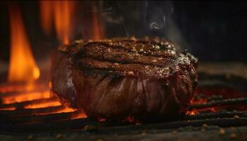 Grilled sirloin steak on glowing charcoal grill generated by AI photo