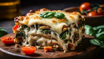 Freshly baked lasagna with melted mozzarella and herb sauce generated by AI photo