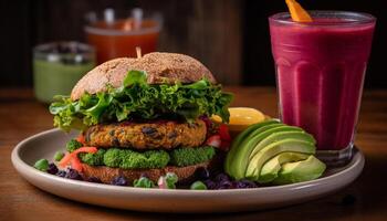 A la parrilla hamburguesa en de madera mesa con ensalada generado por ai foto