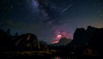 majestuoso montaña pico iluminado por estrella sendero generado por ai foto