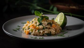 recién cocido gastrónomo Mariscos risotto en plato generado por ai foto