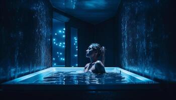 un mojado joven mujer disfrutando lujo spa tratamiento generado por ai foto