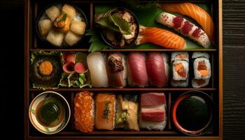Fresco Mariscos comida, Sushi y sashimi plato generado por ai foto