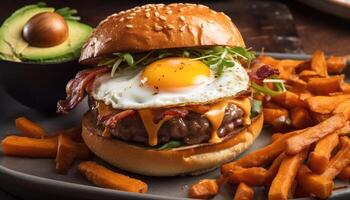 Grilled hamburger with cheese and fries, delicious meal generated by AI photo