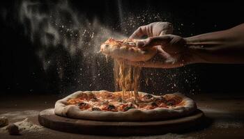 Handmade wood fired pizza prepared by skilled chef generated by AI photo