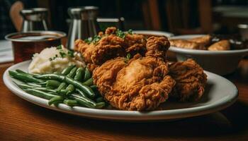 Fried chicken fillet, healthy salad in background generated by AI photo