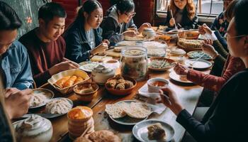 joven adultos disfrutando hecho en casa chino comida juntos generado por ai foto