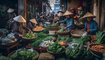 vistoso vietnamita vendedores vender Fresco Produce a mercado generado por ai foto