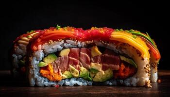 Fresco Mariscos y vegetales arrollado en nori generado por ai foto