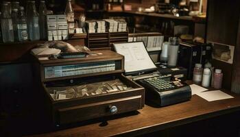 Antique bookshelf in old fashioned library with dusty bottles generated by AI photo