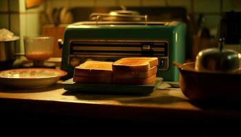recién horneado un pan en rústico cocina mesa generado por ai foto