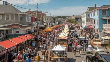 Traveling vendor sells souvenirs in crowded city market generated by AI photo