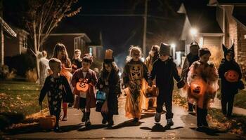 niños caminando en tradicional disfraces en Víspera de Todos los Santos noche generado por ai foto