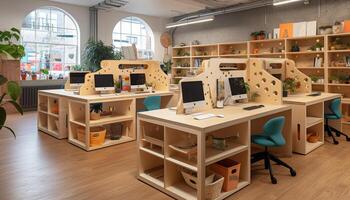 Modern office desk with computer equipment inside generated by AI photo