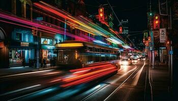 City life illuminated with neon light trails generated by AI photo