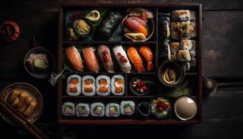 Sushi set with seafood, rice, and vegetables generated by AI photo