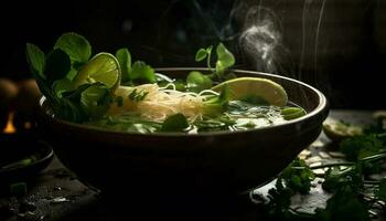 Fresco vegetariano sopa con cilantro y Lima generado por ai foto