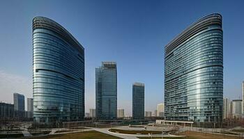 moderno rascacielos iluminar ciudad calles a oscuridad generado por ai foto