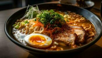 Homemade ramen served in a crockery bowl generated by AI photo