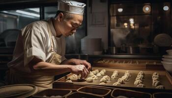 Expert male chef skillfully prepares homemade food generated by AI photo