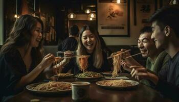 Young adults bond over seafood and laughter generated by AI photo