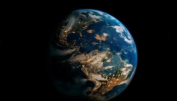 Glowing blue sphere illuminates global communication satellite network generated by AI photo