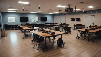 Modern classroom with empty chairs and desks generated by AI photo