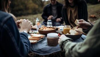 Friends gathered outdoors for fun barbecue adventure generated by AI photo