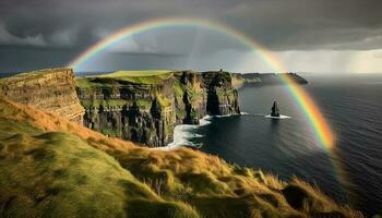 Majestic rainbow arches over cliff and coast generated by AI photo