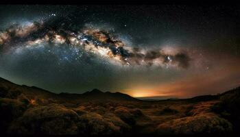 Glowing Milky Way in stunning panoramic landscape generated by AI photo