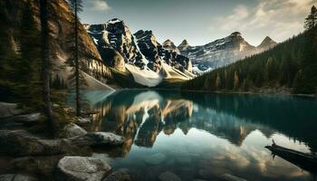 Majestic mountain range reflects in tranquil water generated by AI photo