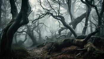 escalofriante silueta camina mediante el oscuro bosque generado por ai foto
