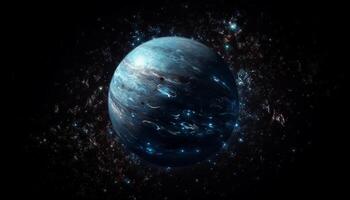 Glowing spheres orbiting dark planet in space generated by AI photo