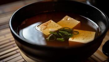 sano vegetariano miso sopa en un cerámico cuenco generado por ai foto