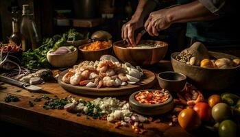 Fresh ingredients on rustic table, cooking gourmet meal generated by AI photo