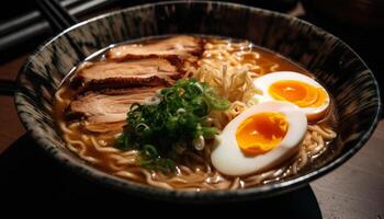 Gourmet ramen noodles pork, meat, and vegetable soup generated by AI photo