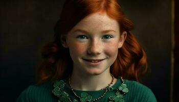 Redhead child smiling with confidence outdoors surrounded by nature generated by AI photo