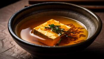 Fresh organic vegetable soup served in crockery bowl generated by AI photo