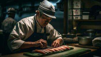 uno cocinero expertamente preparando Fresco japonés cocina generado por ai foto