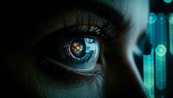 Human eye watching futuristic security system data generated by AI photo