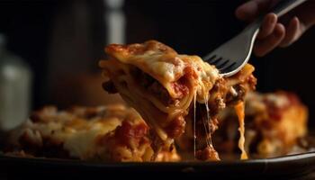 Melting mozzarella on homemade bolognese lasagna slice generated by AI photo