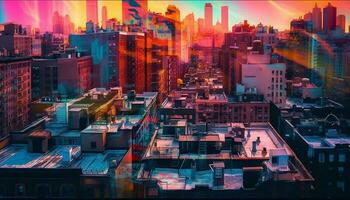 Modern city skyline, illuminated in blue twilight generated by AI photo