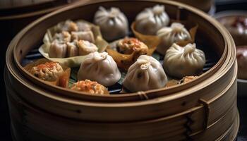 Freshly steamed dim sum in bamboo containers generated by AI photo