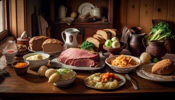 Grilled steak, fresh salad, rustic bread plate generated by AI photo