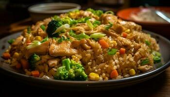 Healthy vegetarian lunch plate with rice and vegetables generated by AI photo