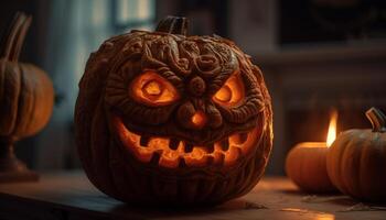 Glowing pumpkin lantern lights up spooky night generated by AI photo