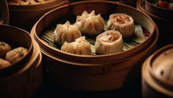 Steamed dim sum and dumplings in bamboo baskets generated by AI photo